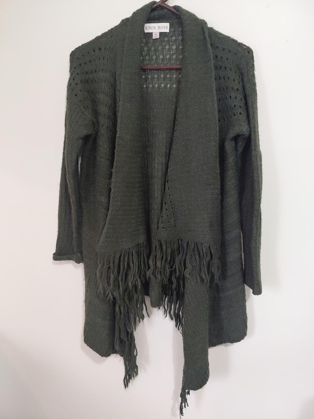 Knox Rose Olive Fringe Open-Front Knit Cardigan